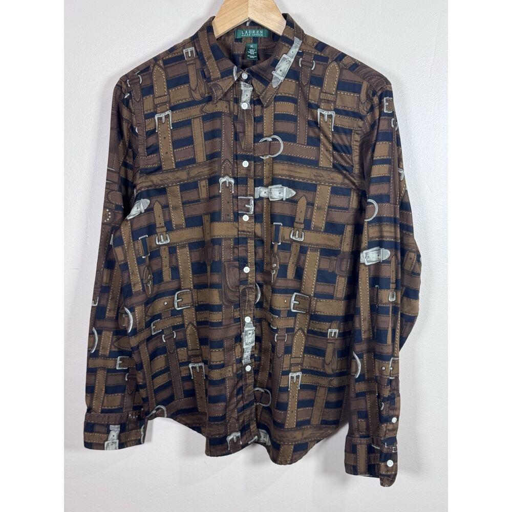 VTG Lauren Ralph Lauren Womens Button Down Shirt Equestrian Belt Print Old Money